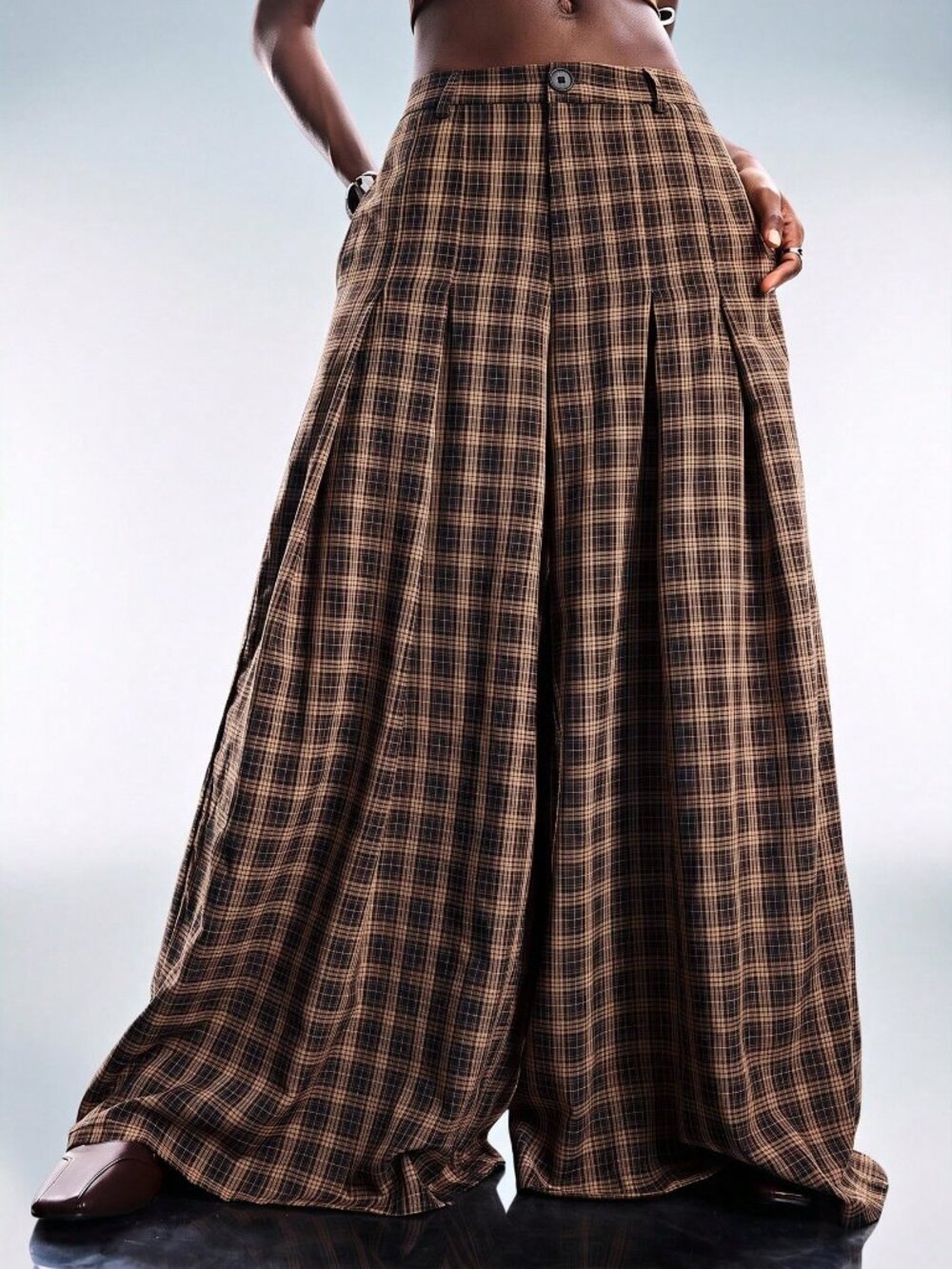 Multicolor Casual Women's Plaid Zipper Fly Pocket Loose Wide Leg Long Pants - Picture 3 of 6